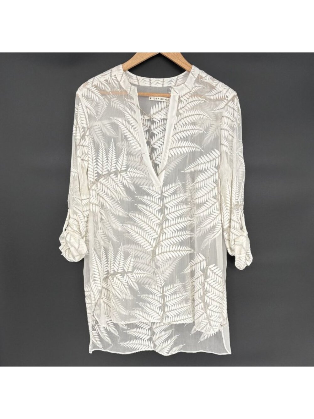 Alice + Olivia Silk Embroidered Fern Tunic Blouse M White Sheer Roll Tab Sleeve